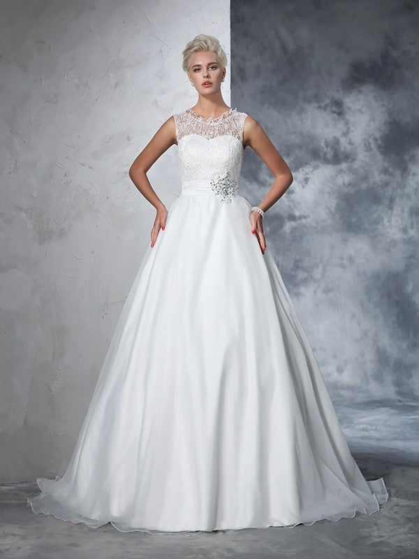 Ball Gown Sheer Neck Lace Sleeveless Long Net Wedding Dresses Bridal Gowns