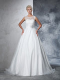 Ball Gown Sheer Neck Lace Sleeveless Long Net Wedding Dresses Bridal Gowns
