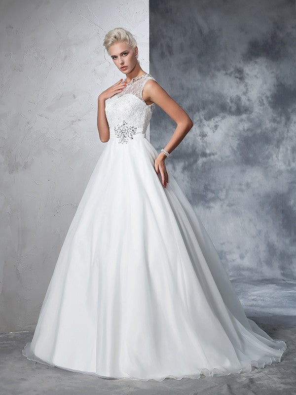 Ball Gown Sheer Neck Lace Sleeveless Long Net Wedding Dresses Bridal Gowns