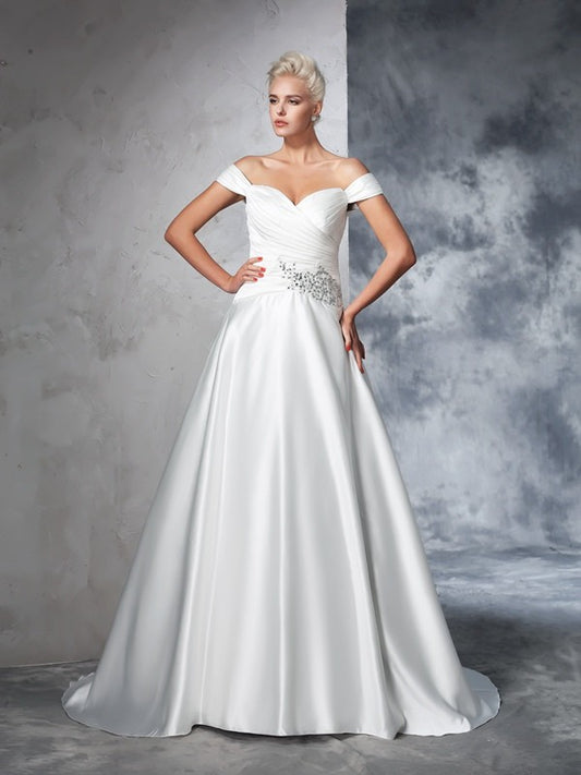 Ballkleid Off-the-Shoulder Geraffte Ärmellose Lange Satin Brautkleider Brautkleider