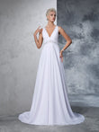 A-Line/Princess V-neck Beading Sleeveless Long Chiffon Wedding Dresses Bridal Gowns