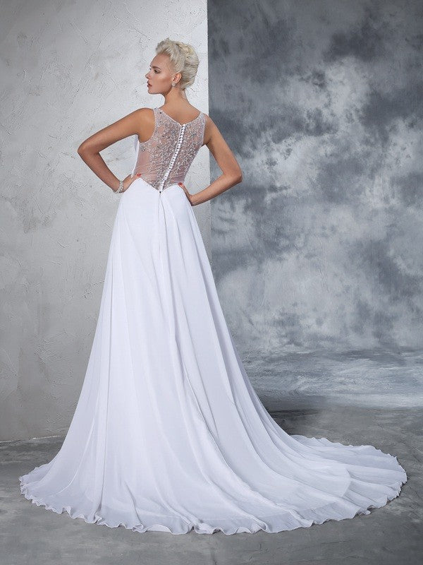 A-Line/Princess V-neck Beading Sleeveless Long Chiffon Wedding Dresses Bridal Gowns
