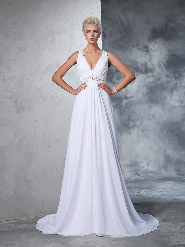 A-Line/Princess V-neck Beading Sleeveless Long Chiffon Wedding Dresses Bridal Gowns