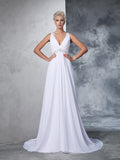 A-Line/Princess V-neck Beading Sleeveless Long Chiffon Wedding Dresses Bridal Gowns