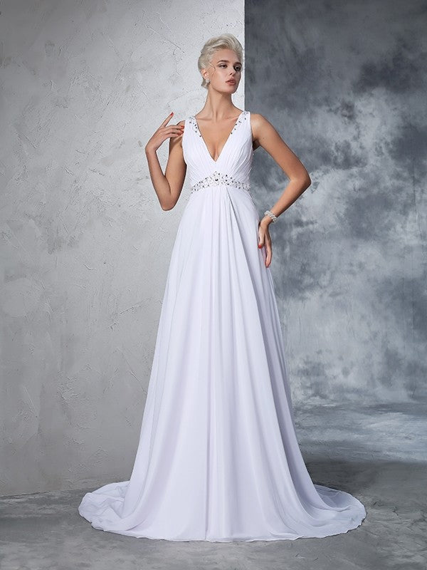 A-Line/Princess V-neck Beading Sleeveless Long Chiffon Wedding Dresses Bridal Gowns
