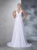 A-Line/Princess V-neck Beading Sleeveless Long Chiffon Wedding Dresses Bridal Gowns