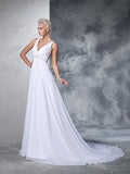 A-Line/Princess V-neck Beading Sleeveless Long Chiffon Wedding Dresses Bridal Gowns