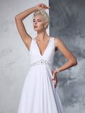 A-Line/Princess V-neck Beading Sleeveless Long Chiffon Wedding Dresses Bridal Gowns