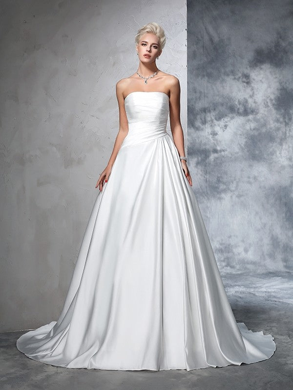 Vestidos de novia largos de satén sin tirantes, fruncidos y sin mangas