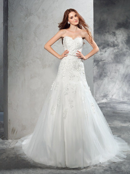 Sheath/Column Sweetheart Applique Sleeveless Long Satin Wedding Dresses Bridal Gowns