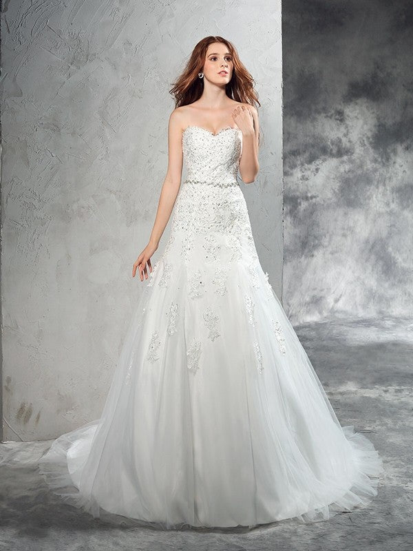 Sheath/Column Sweetheart Applique Sleeveless Long Satin Wedding Dresses Bridal Gowns