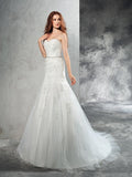 Sheath/Column Sweetheart Applique Sleeveless Long Satin Wedding Dresses Bridal Gowns