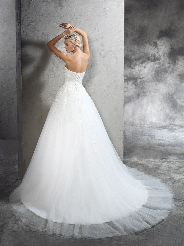 Ball Gown Strapless Applique Sleeveless Long Satin Wedding Dresses Bridal Gowns