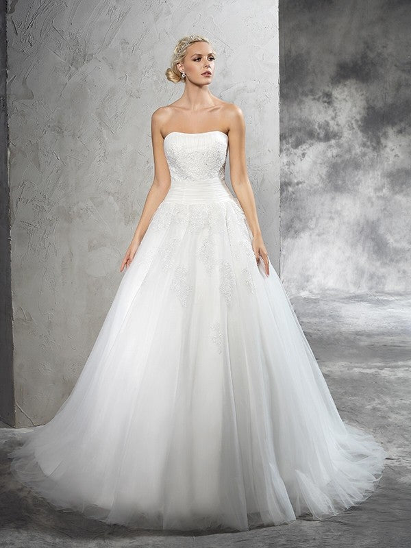 Ball Gown Strapless Applique Sleeveless Long Satin Wedding Dresses Bridal Gowns