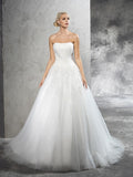 Ball Gown Strapless Applique Sleeveless Long Satin Wedding Dresses Bridal Gowns