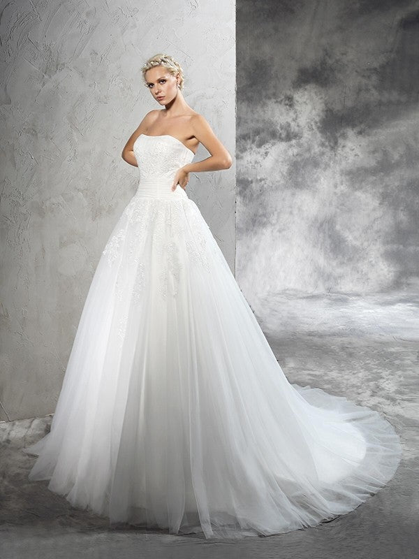 Ball Gown Strapless Applique Sleeveless Long Satin Wedding Dresses Bridal Gowns