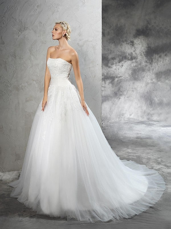 Ball Gown Strapless Applique Sleeveless Long Satin Wedding Dresses Bridal Gowns