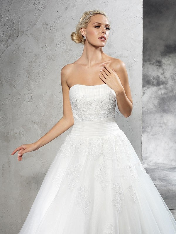 Ball Gown Strapless Applique Sleeveless Long Satin Wedding Dresses Bridal Gowns
