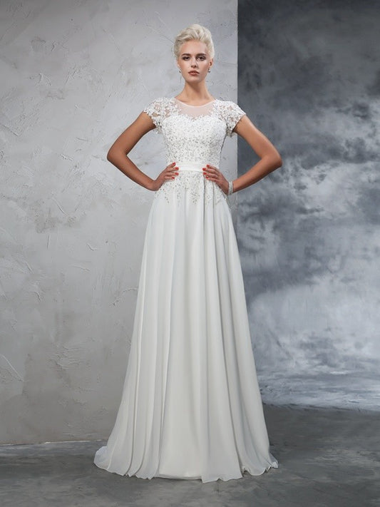 A-Linie/Princess-Linie Sheer Neck Applikationen Kurze Ärmel Lange Chiffon Brautkleider