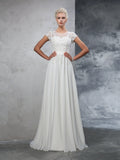 A-Linie/Princess-Linie Sheer Neck Applikationen Kurze Ärmel Lange Chiffon Brautkleider
