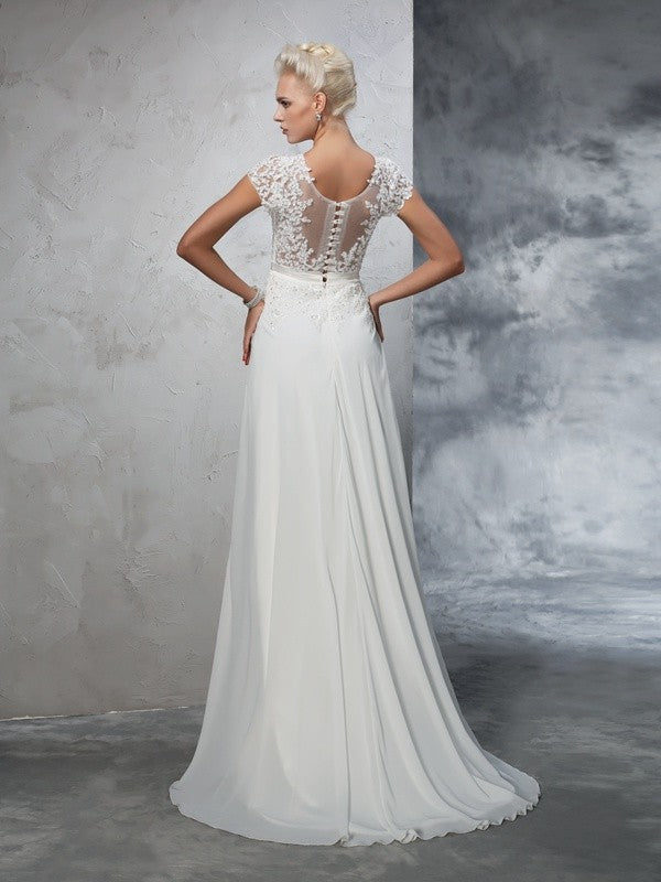 A-Linie/Princess-Linie Sheer Neck Applikationen Kurze Ärmel Lange Chiffon Brautkleider