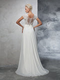 A-Linie/Princess-Linie Sheer Neck Applikationen Kurze Ärmel Lange Chiffon Brautkleider