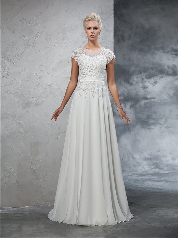 A-Linie/Princess-Linie Sheer Neck Applikationen Kurze Ärmel Lange Chiffon Brautkleider