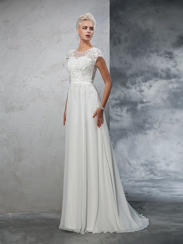A-Linie/Princess-Linie Sheer Neck Applikationen Kurze Ärmel Lange Chiffon Brautkleider
