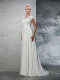 A-Linie/Princess-Linie Sheer Neck Applikationen Kurze Ärmel Lange Chiffon Brautkleider