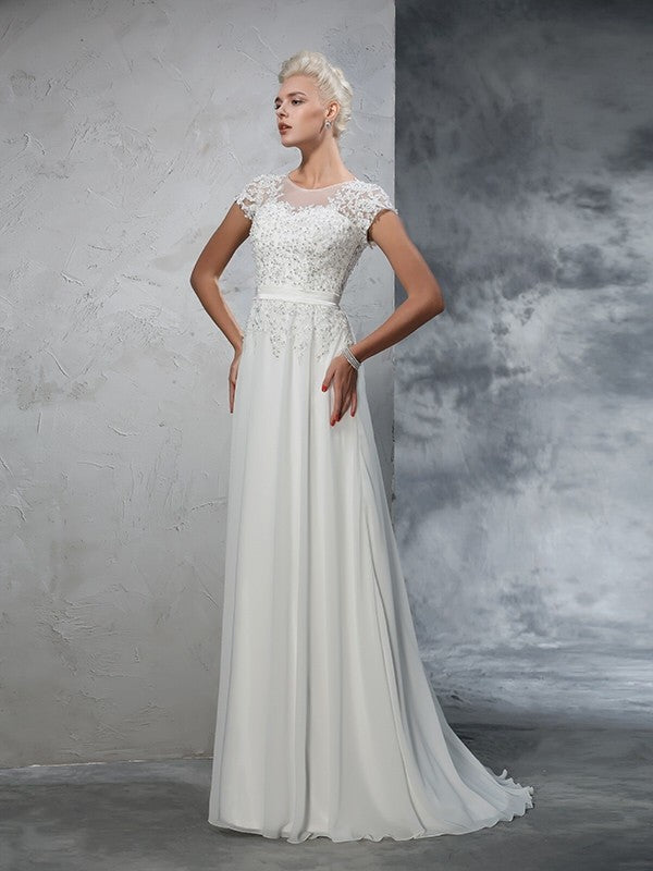A-Linie/Princess-Linie Sheer Neck Applikationen Kurze Ärmel Lange Chiffon Brautkleider