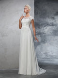 A-Linie/Princess-Linie Sheer Neck Applikationen Kurze Ärmel Lange Chiffon Brautkleider