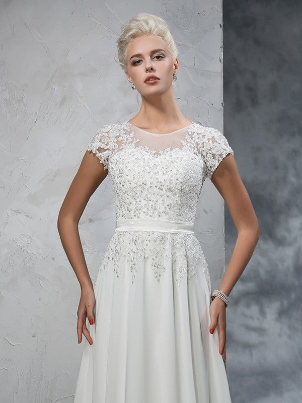 A-Linie/Princess-Linie Sheer Neck Applikationen Kurze Ärmel Lange Chiffon Brautkleider