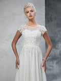 A-Linie/Princess-Linie Sheer Neck Applikationen Kurze Ärmel Lange Chiffon Brautkleider