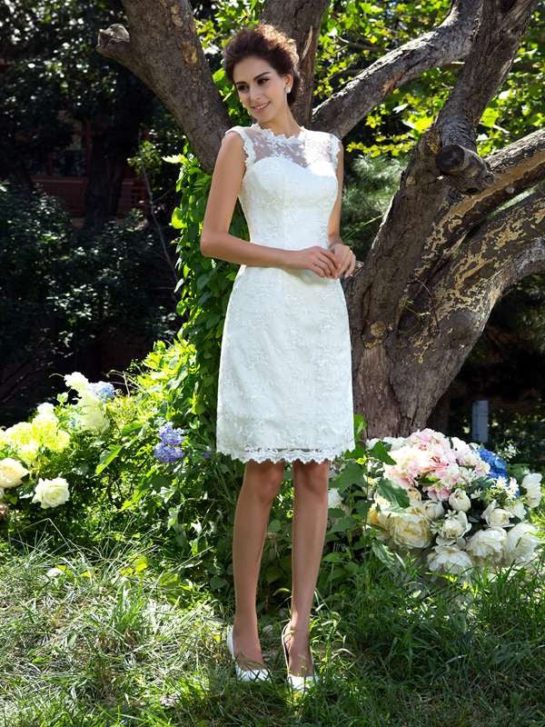 Vestidos de novia de satén cortos, sin mangas, con escote transparente, corte A/princesa y apliques