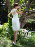 Vestidos de novia de satén cortos, sin mangas, con escote transparente, corte A/princesa y apliques