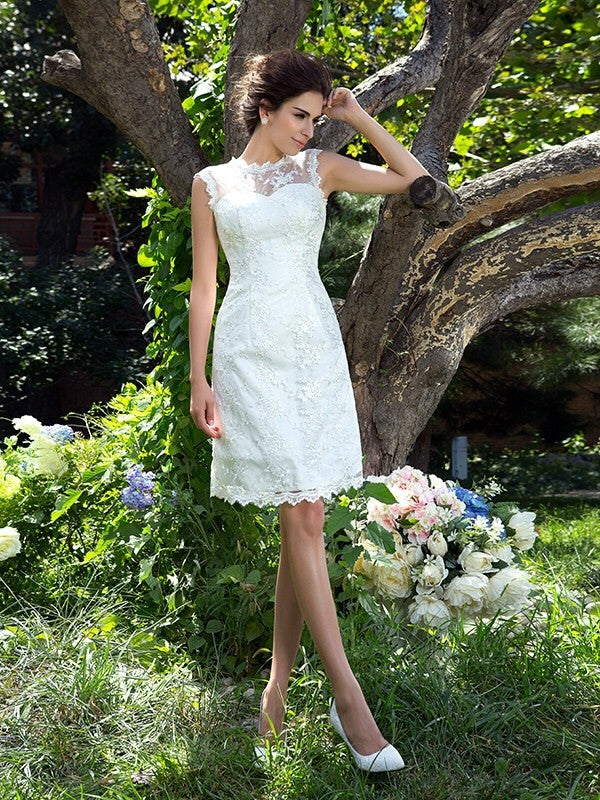 Vestidos de novia de satén cortos, sin mangas, con escote transparente, corte A/princesa y apliques