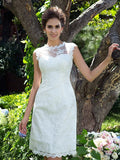 Vestidos de novia de satén cortos, sin mangas, con escote transparente, corte A/princesa y apliques