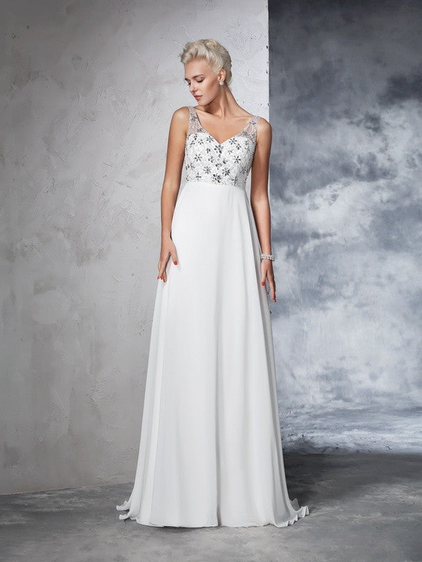A-Line/Princess V-neck Beading Sleeveless Long Chiffon Wedding Dresses Bridal Gowns