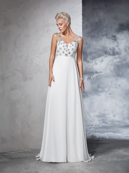 A-Line/Princess V-neck Beading Sleeveless Long Chiffon Wedding Dresses Bridal Gowns