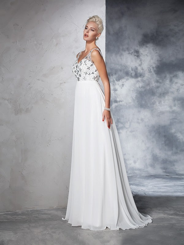 A-Line/Princess V-neck Beading Sleeveless Long Chiffon Wedding Dresses Bridal Gowns