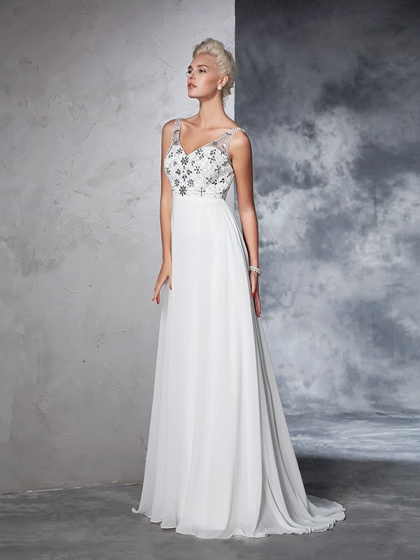 A-Line/Princess V-neck Beading Sleeveless Long Chiffon Wedding Dresses Bridal Gowns