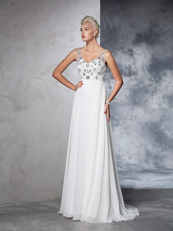 A-Line/Princess V-neck Beading Sleeveless Long Chiffon Wedding Dresses Bridal Gowns