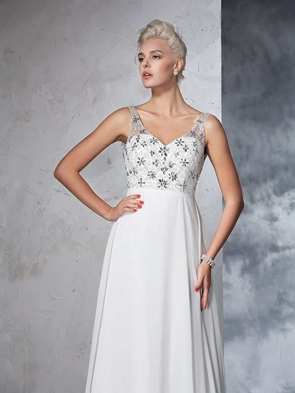 A-Line/Princess V-neck Beading Sleeveless Long Chiffon Wedding Dresses Bridal Gowns