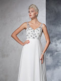 A-Line/Princess V-neck Beading Sleeveless Long Chiffon Wedding Dresses Bridal Gowns