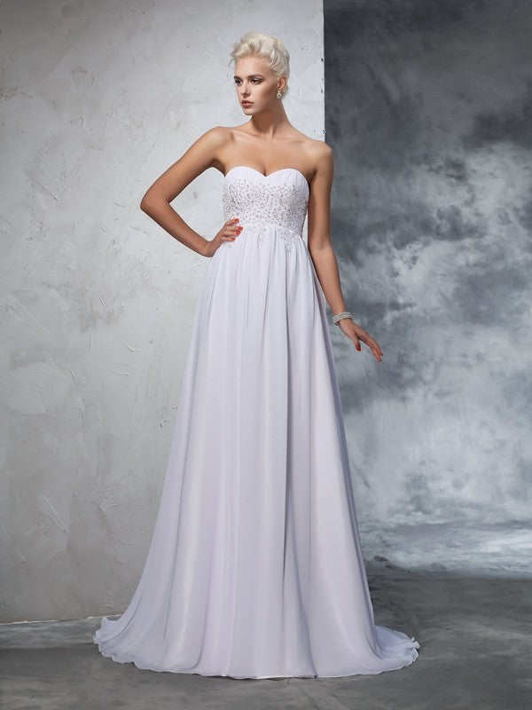 A-Line/Princess Sweetheart Beading Sleeveless Long Chiffon Wedding Dresses Bridal Gowns