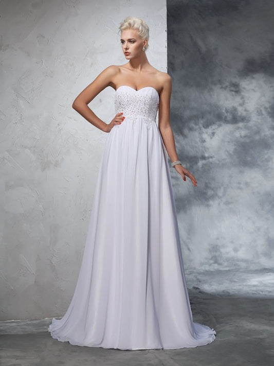 A-Line/Princess Sweetheart Beading Sleeveless Long Chiffon Wedding Dresses Bridal Gowns