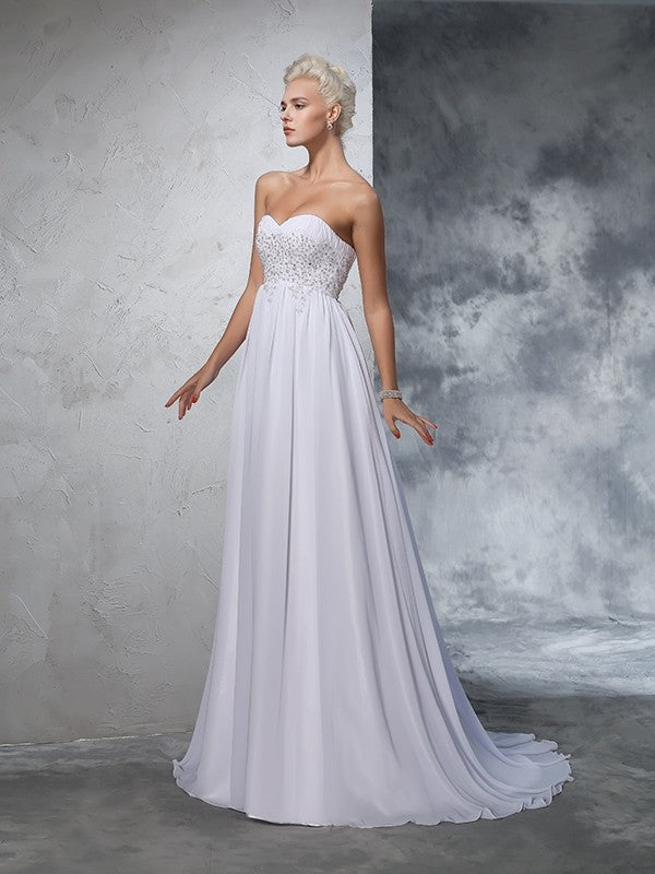 A-Line/Princess Sweetheart Beading Sleeveless Long Chiffon Wedding Dresses Bridal Gowns