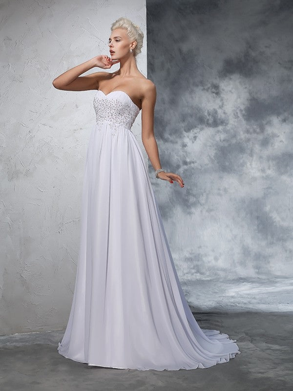 A-Line/Princess Sweetheart Beading Sleeveless Long Chiffon Wedding Dresses Bridal Gowns