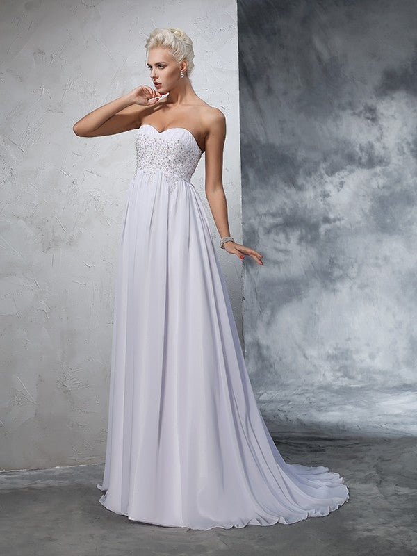 A-Line/Princess Sweetheart Beading Sleeveless Long Chiffon Wedding Dresses Bridal Gowns