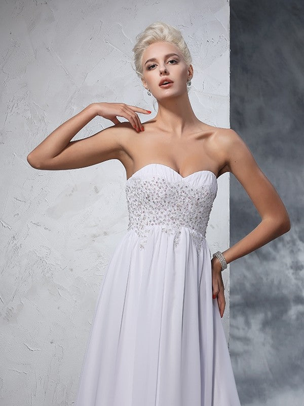 A-Line/Princess Sweetheart Beading Sleeveless Long Chiffon Wedding Dresses Bridal Gowns